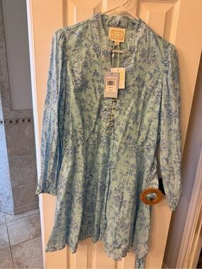Sail to Sable Light Blue and Navy Floral Long-Sleeve Dress